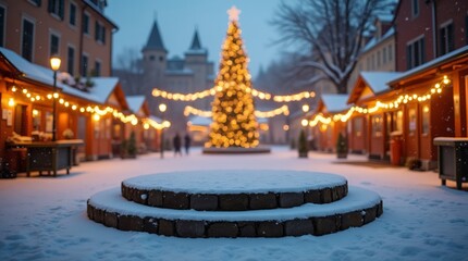 Fototapeta premium Street podium with a Christmas tree and a street decorated with garlands in the background. A showcase for advertising a product or presentation
