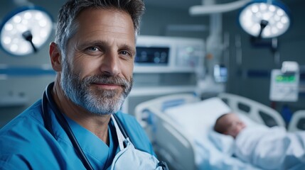 A male doctor in scrubs stands confidently beside a hospital bed, warmly smiling at an unseen patient, representing healthcare and dedication in a medical setting.