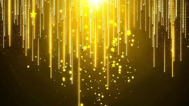 Golden starfall with shimmering christmas stars against a black background, creating a magical and festive atmosphere