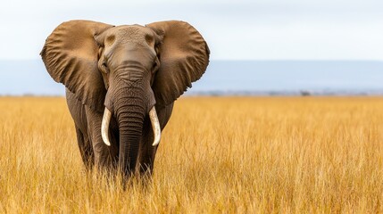 Fototapeta premium Elephant standing in tall grass under a cloudy sky, nature scene.