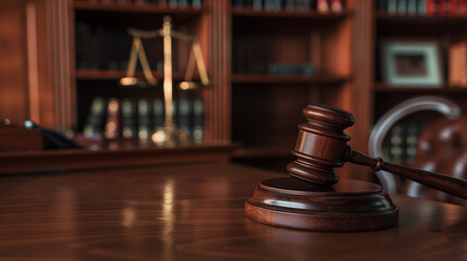 Close-up of a gavel on a wooden desk, symbolizing authority and importance of election rules, with copy space for text or design