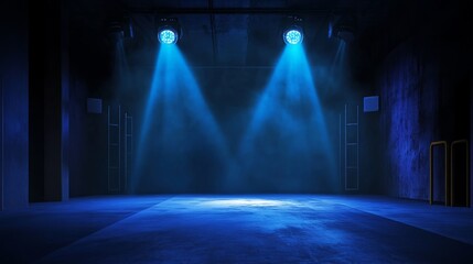 An empty stage illuminated by blue spotlights and dramatic lighting, creating an atmospheric backdrop perfect for performances, concerts, and theatrical events, setting the scene for an exciting showc