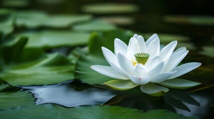 Lotus Blossom Serenity, vibrant lotus flower in full bloom amidst lush green leaves and tranquil water, symbolizing harmony and vitality