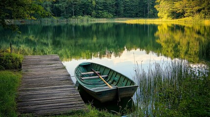 Obraz premium A serene fishing pond in the countryside, with an old wooden dock and a rowboat tied to it