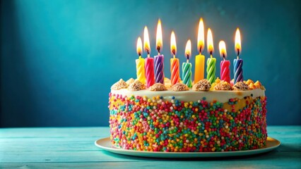 A celebratory cake adorned with colorful sprinkles and lit candles, a symbol of joy and festivity.