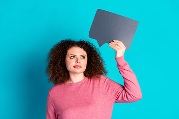 Portrait of nice young girl dialogue mind bubble look empty space wear pink sweater isolated on...