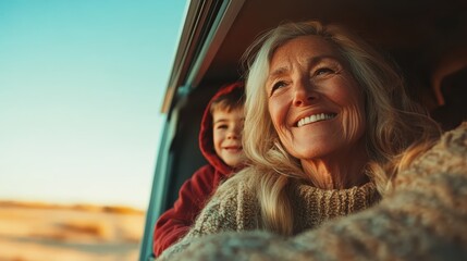 A content grandmother with her grandson enjoys the scenic view from a vehicle. The harmony between them evokes feelings of warmth, joy, and adventurous spirit.