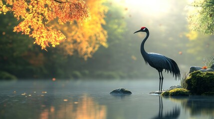 Fototapeta premium Tranquil Crane in Serene Pond, majestic bird embodying longevity and peace, surrounded by lush greenery and calm waters