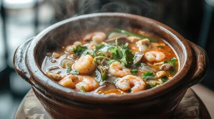 A traditional Thai clay pot filled with tom yum soup, with shrimp, mushrooms, and lemongrass simmering in the spicy and tangy broth.