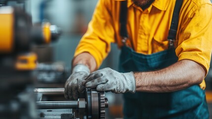 Skilled Worker Operating a Lathe Machine in a Manufacturing Workshop for Precision Metal Shaping and Fabrication.