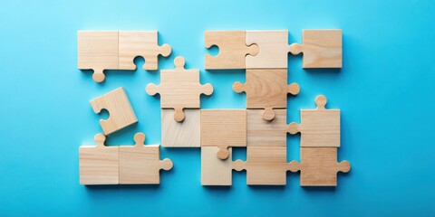 Wooden Puzzle Pieces on a Blue Background, a Visual Representation of Collaboration and Teamwork
