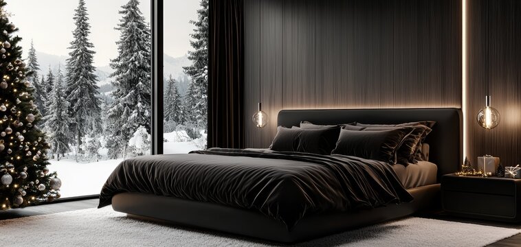 Luxury bedroom, Christmas decor with plush bedding and holiday accents, large windows with winter view, 3D illustration