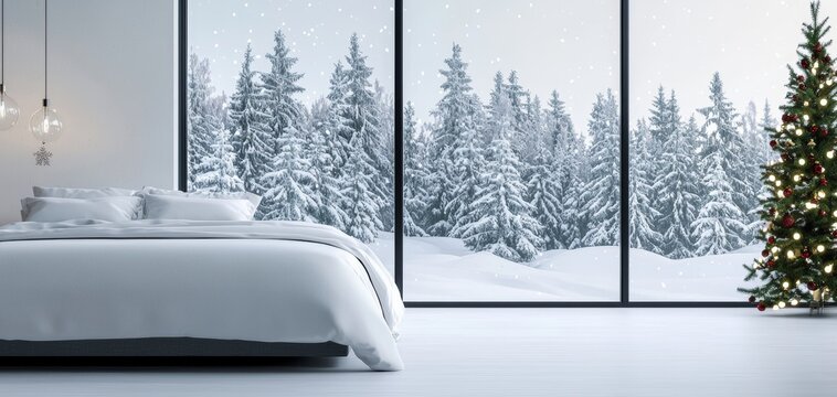 Luxury bedroom, Christmas decor with plush bedding and holiday accents, large windows with winter view, 3D illustration