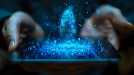 Tablet biometric fingerprint icon showing digital data information security protection encryption, cyberspace network connection identity verification password privacy safety system lock unlock code