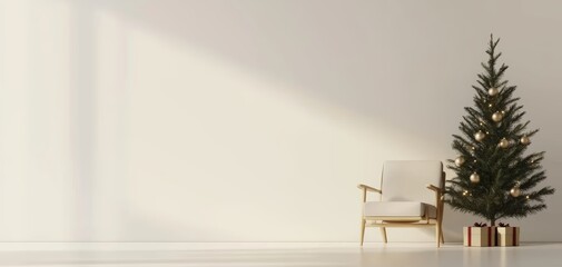 Minimalist living room, Scandinavian-style Christmas decor, neutral colors, 3D illustration