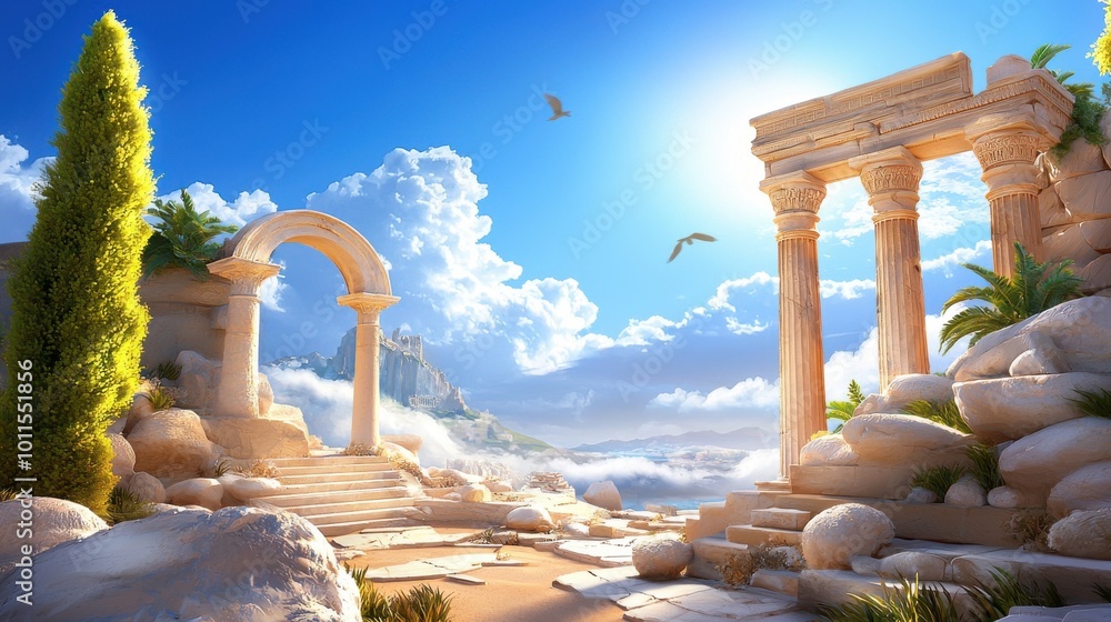 Poster a majestic view of ancient roman ruins, with fallen columns and marble structures scattered across t