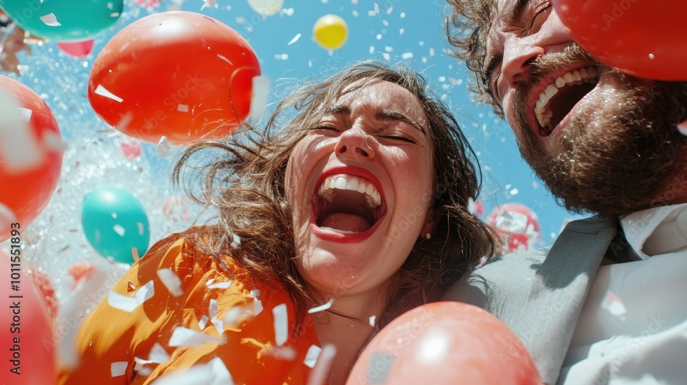 Wall mural close-up of two people gleefully laughing amongst a flurry of colorful balloons and confetti, captur