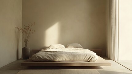 A tranquil minimalist bedroom with a neutral color palette, a low-profile bed, and natural materials, promoting a sense of relaxation and serenity.