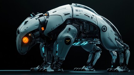 A futuristic cyborg animal, half robotic and half organic, with sleek mechanical limbs and glowing eyes, blending sci-fi elements with animal biology