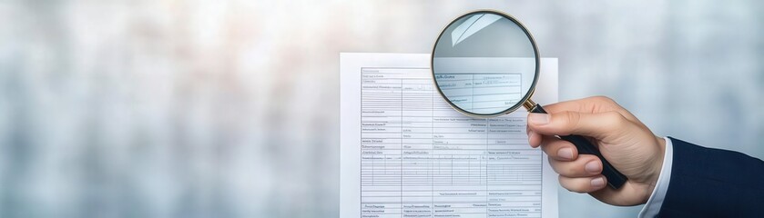 A hand holding a magnifying glass over a document, emphasizing attention to detail and analysis in a business environment.