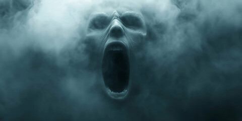 terrifying ghostly face screaming and emerging from thick fog for halloween horror scene

