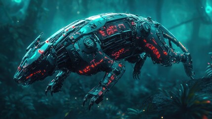A futuristic cyborg animal with mechanical parts, glowing circuitry, and robotic limbs, representing a powerful hybrid of nature and technology