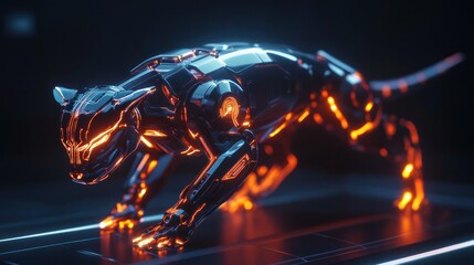 A futuristic cyborg animal with sleek robotic limbs and glowing circuitry, representing a powerful fusion of organic and mechanical features