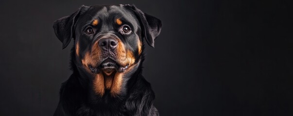 A majestic Rottweiler gazes confidently, showcasing its strong features and friendly demeanor against a dark background.