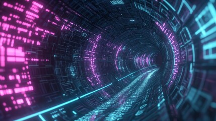 Fototapeta premium A futuristic data tunnel illuminated by neon lights and intricate digital patterns, representing a high-tech environment that captures the essence of technology and innovation in the cyber space lands