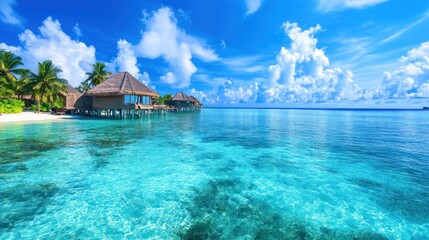 Fototapeta premium A Maldives travel banner showcasing a luxury resort with overwater villas, crystal clear waters, and a tropical paradise atmosphere