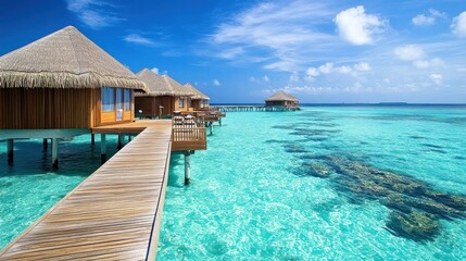 Fototapeta premium A Maldives resort with overwater bungalows, turquoise waters, and a pristine beach, offering an exotic and luxurious holiday destination