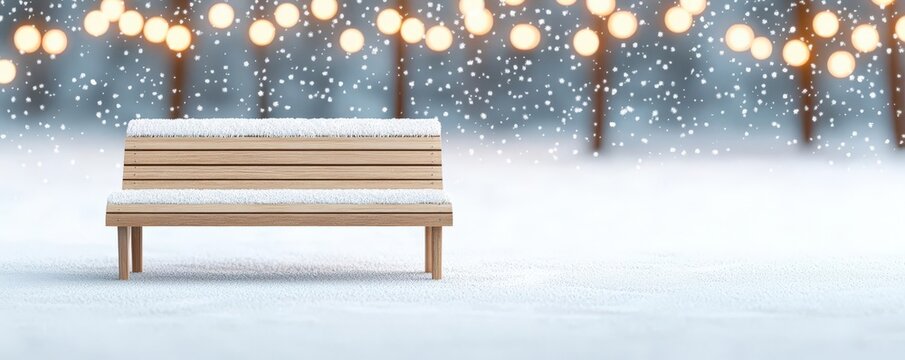 A serene winter scene featuring a wooden bench in the snow, surrounded by softly glowing lights on a snowy backdrop.