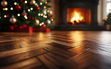 Scandinavian-inspired living room, Christmas tree with neutral ornaments, cozy fireplace, 3D illustration