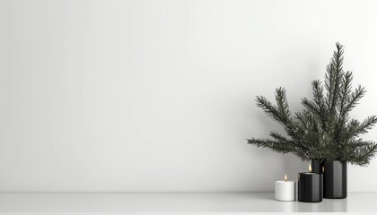Obraz premium Scandinavian-style kitchen, minimalist Christmas decor, pine branches and candlelight, 3D illustration