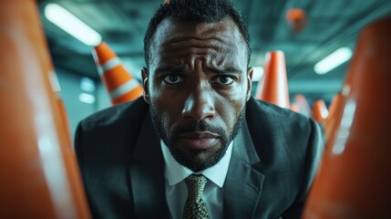 A man in a suit looks stressed while standing among several orange traffic cones, symbolizing the challenges and obstacles faced in a professional environment.