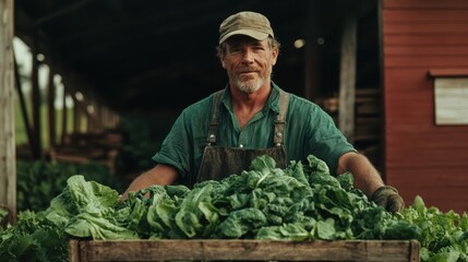A dedicated farmer stands proudly in his barn, displaying a massive pile of freshly harvested green lettuce, highlighting his hard work and the bounty of agriculture.