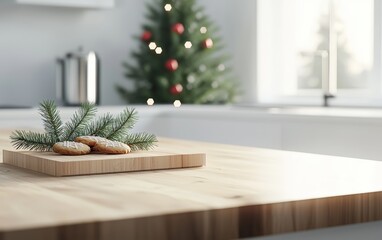 Sleek kitchen, Christmas decor with red and green accents, holiday cookies on the counter, 3D illustration