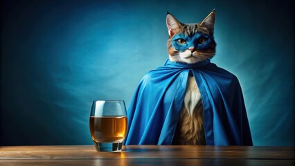 A superhero cat in a blue cape stares intently at a glass of amber liquid on a wooden table,  a dramatic blue background adds to the scene.