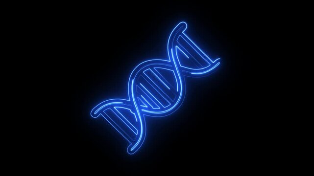 A glowing neon DNA icon animation. DNA spiral and structure, hereditary gene, genetic mutation, healthy genome, genetic engineering concept.