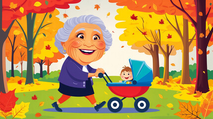 Stylish cute grandma walking with a stroller in the park in summer cartoon style, flat design illustration