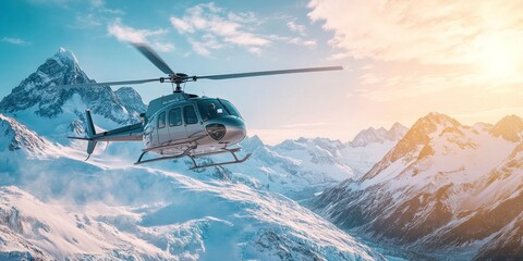 A helicopter soaring above majestic snowy mountains. This stunning winter landscape captures adventure and exploration in a breathtaking scene. Perfect for travel and nature themes. AI