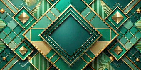A geometric composition with gold and green tones, featuring interlocked squares, stripes, and a central empty space for text or branding.