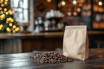 Mock up coffee bean pack on a wooden table top, coffee beans are piled next to it, a Christmas tree in the background, a festive atmosphere.