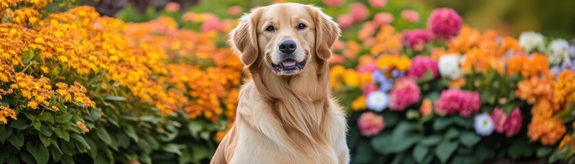 Golden retriever sitting among vibrant flowers, showcasing a joyful expression in a sunny garden setting.
