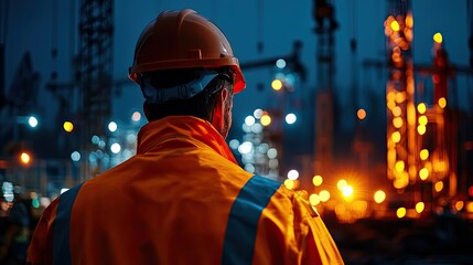 Obraz premium Worker in safety gear observing construction site at night.