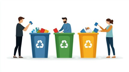 People actively participating in recycling efforts by sorting waste into bins for a cleaner environment.