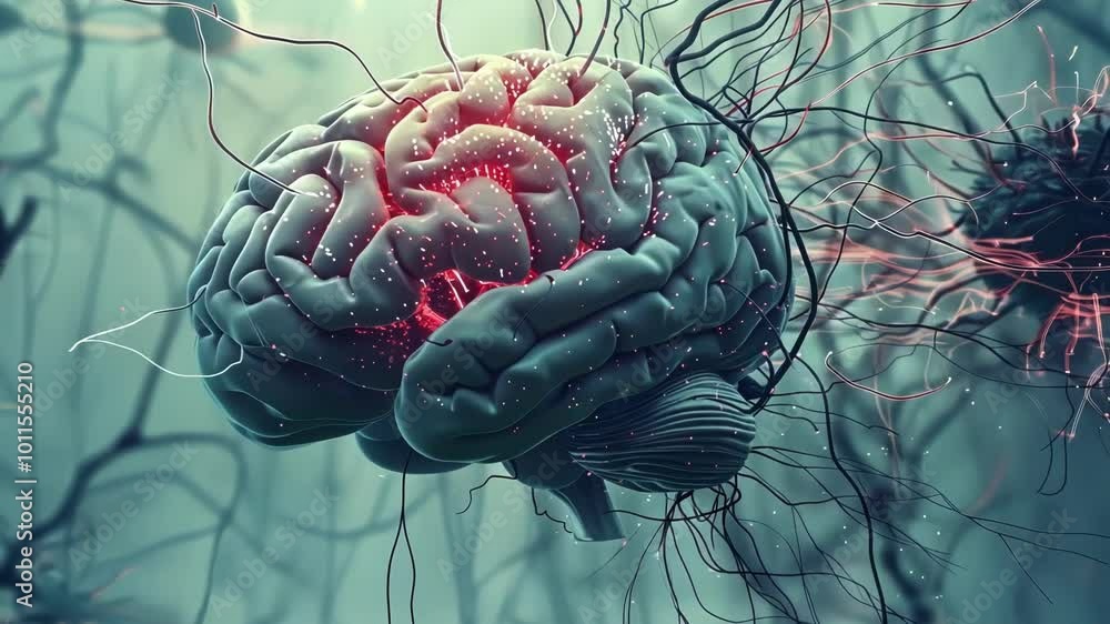 Poster intricate 3d illustration of a human brain with vibrant glowing areas symbolizing active synapses an