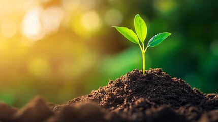 Fototapeta premium Small Plant Sprouting from Soil in Natural Light