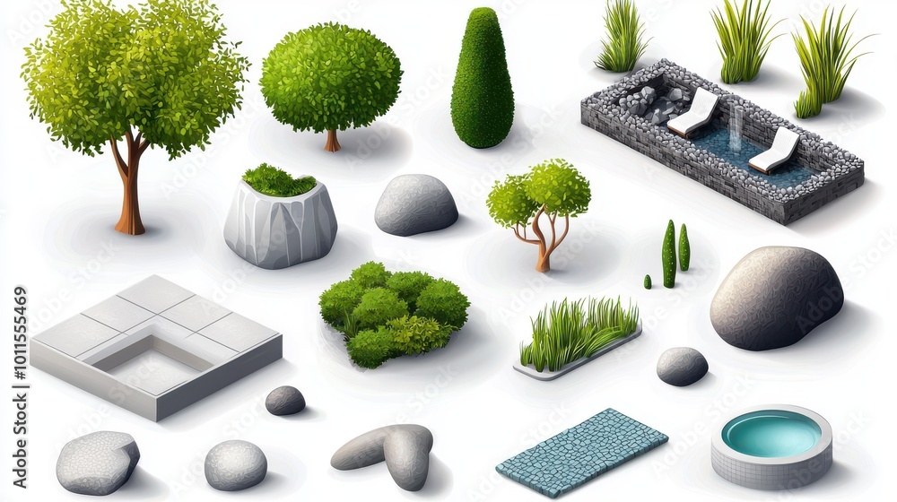 Poster a set of vector landscape architecture symbols representing various hardscaping and softscaping elem