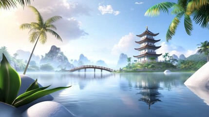 Obraz premium A serene view of a Chinese pagoda reflected in a still lake, surrounded by peaceful gardens and ornate bridges.